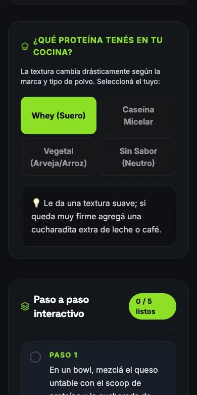 Selector del tipo de proteína dentro de una receta